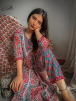 RED BLUE MUL PRINT LACE WORK COTTON SUIT