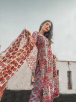 RED BLUE MUL PRINT LACE WORK COTTON SUIT